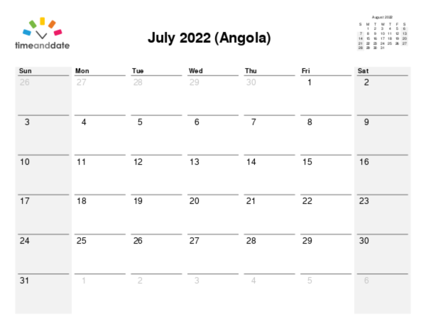 Calendar for 2022 in Angola