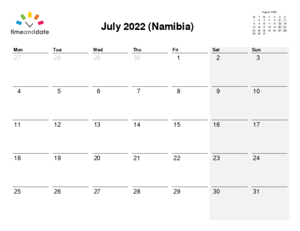 Calendar for 2022 in Namibia