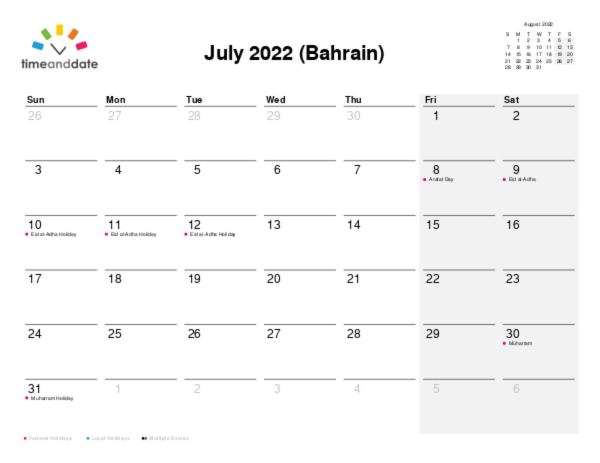 Calendar for 2022 in Bahrain