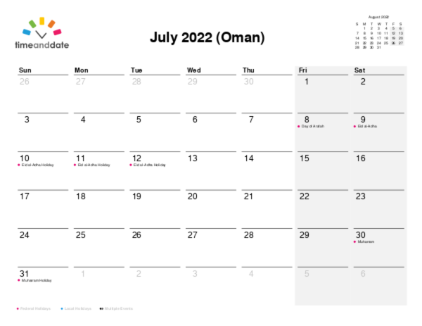 Calendar for 2022 in Oman