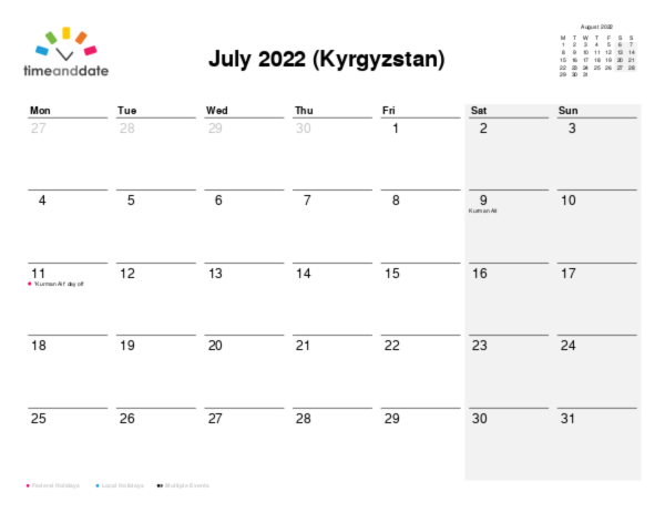 Calendar for 2022 in Kyrgyzstan