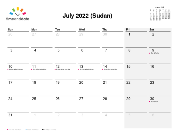 Calendar for 2022 in Sudan