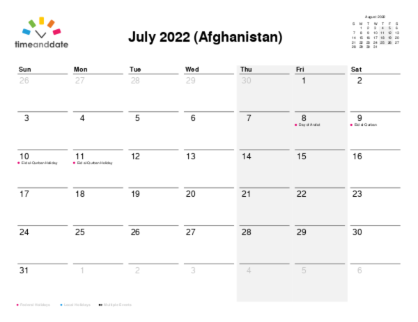 Calendar for 2022 in Afghanistan