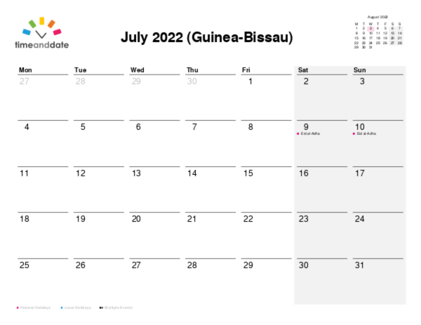 Calendar for 2022 in Guinea-Bissau
