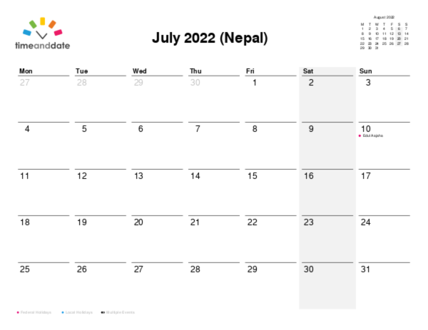Calendar for 2022 in Nepal