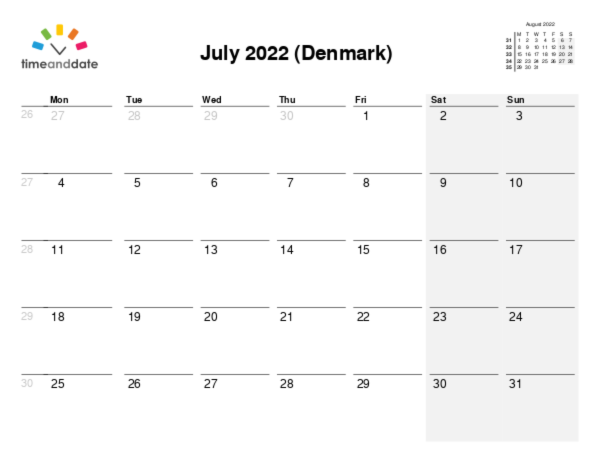 Calendar for 2022 in Denmark