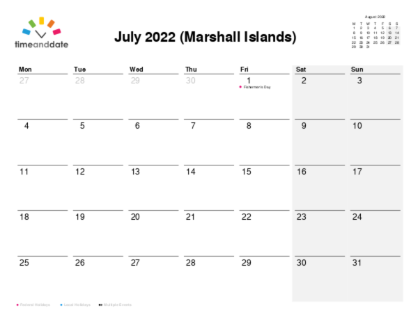 Calendar for 2022 in Marshall Islands