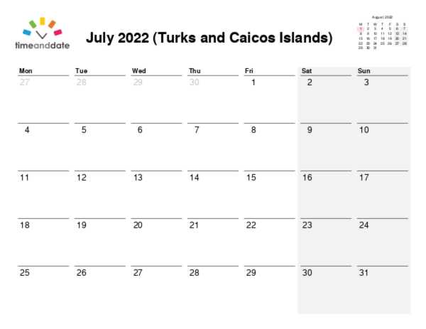 Calendar for 2022 in Turks and Caicos Islands