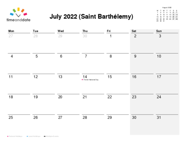 Calendar for 2022 in Saint Barthélemy