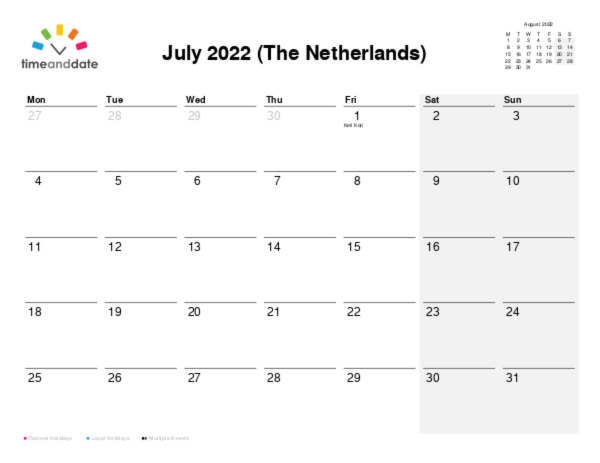 Calendar for 2022 in The Netherlands