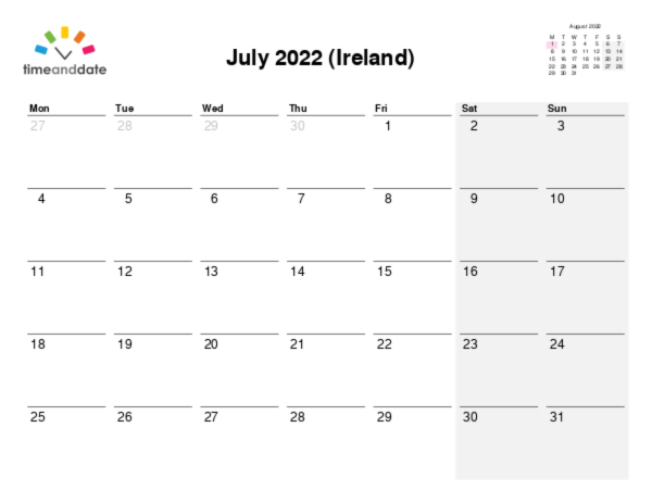 Calendar for 2022 in Ireland