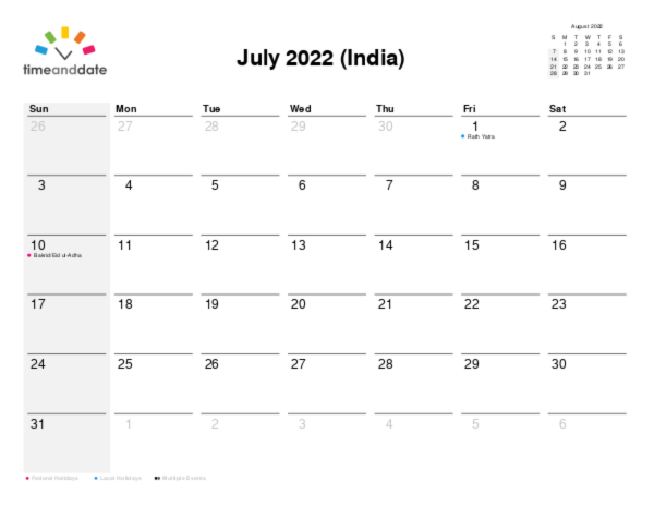 Calendar for 2022 in India