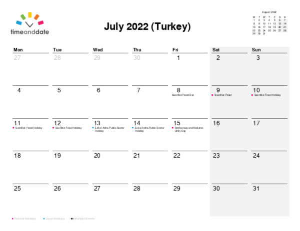 Calendar for 2022 in Turkey