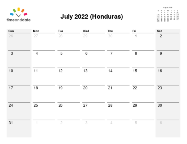 Calendar for 2022 in Honduras