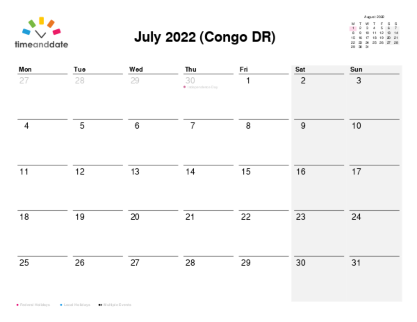 Calendar for 2022 in Congo DR