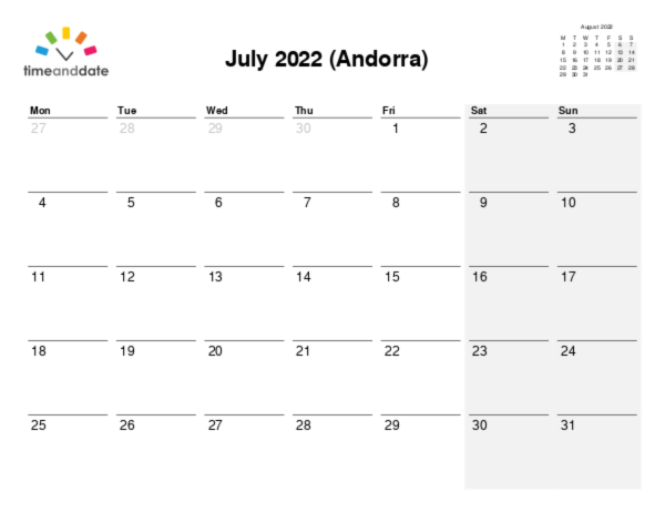 Calendar for 2022 in Andorra