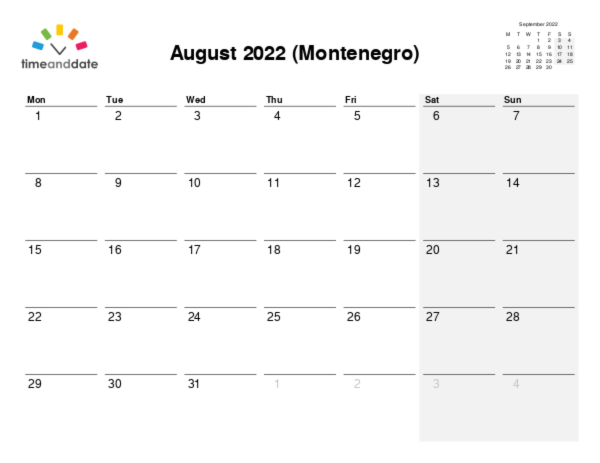 Calendar for 2022 in Montenegro