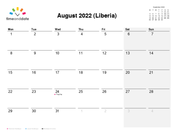 Calendar for 2022 in Liberia