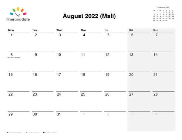 Calendar for 2022 in Mali