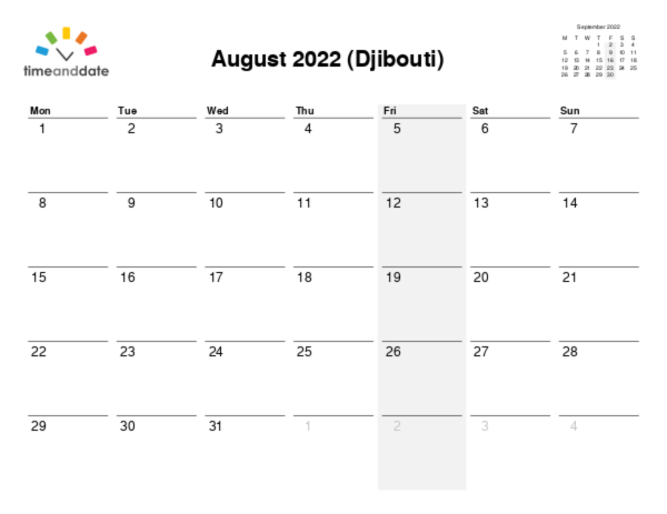 Calendar for 2022 in Djibouti