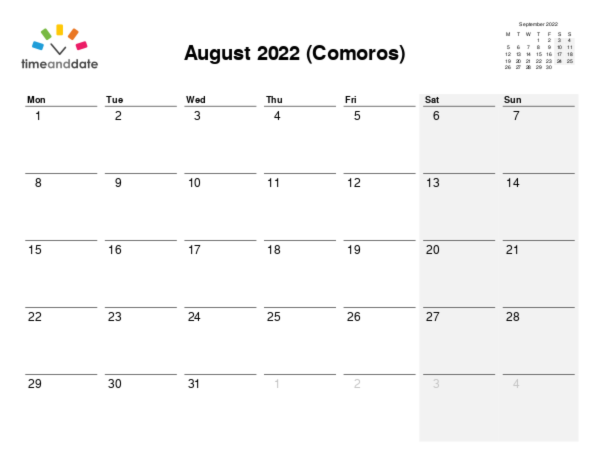 Calendar for 2022 in Comoros