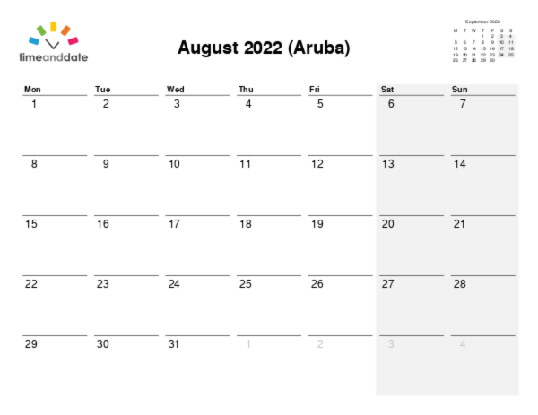 Calendar for 2022 in Aruba