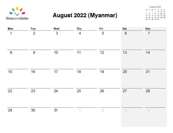 Calendar for 2022 in Myanmar