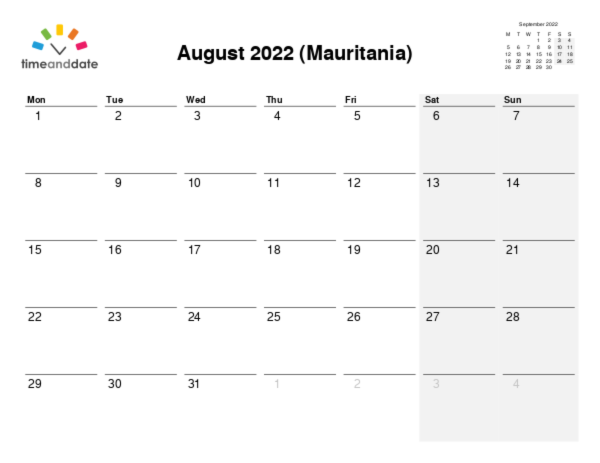 Calendar for 2022 in Mauritania