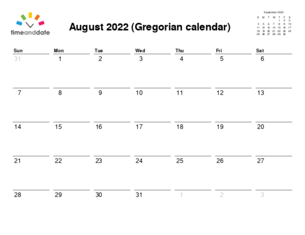Calendar for 2022 in Gregorian calendar