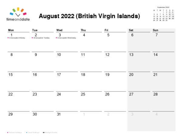 Calendar for 2022 in British Virgin Islands