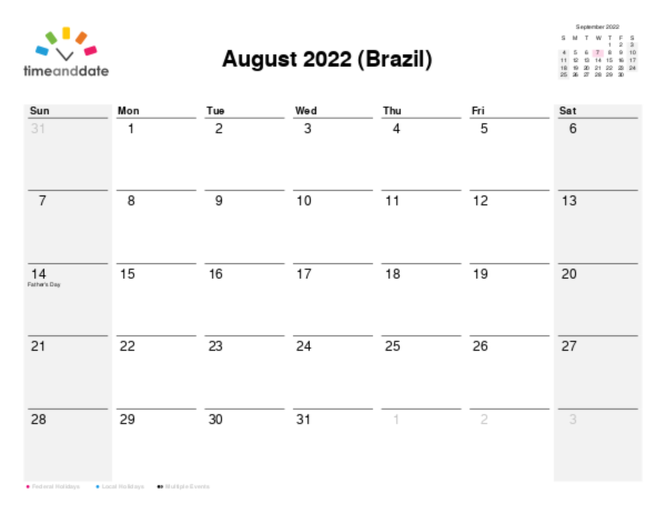 Calendar for 2022 in Brazil