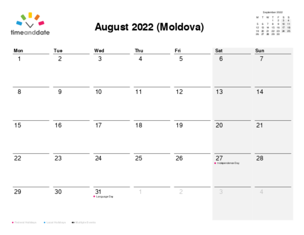 Calendar for 2022 in Moldova