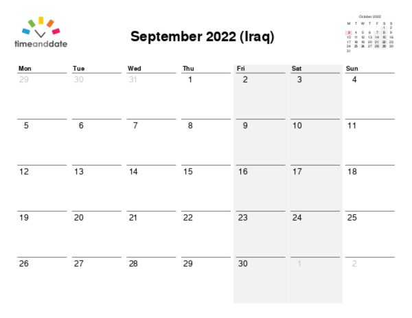 Calendar for 2022 in Iraq