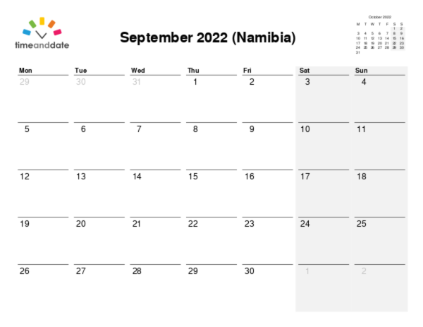 Calendar for 2022 in Namibia