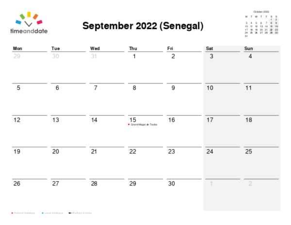 Calendar for 2022 in Senegal