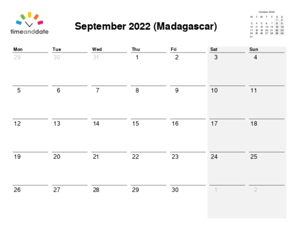 Calendar for 2022 in Madagascar