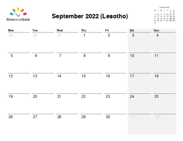 Calendar for 2022 in Lesotho