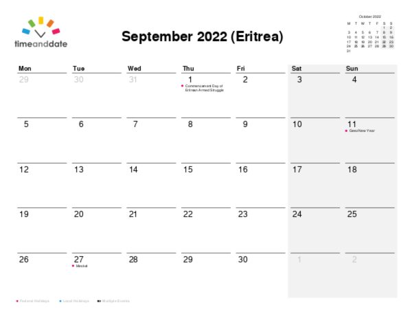 Calendar for 2022 in Eritrea
