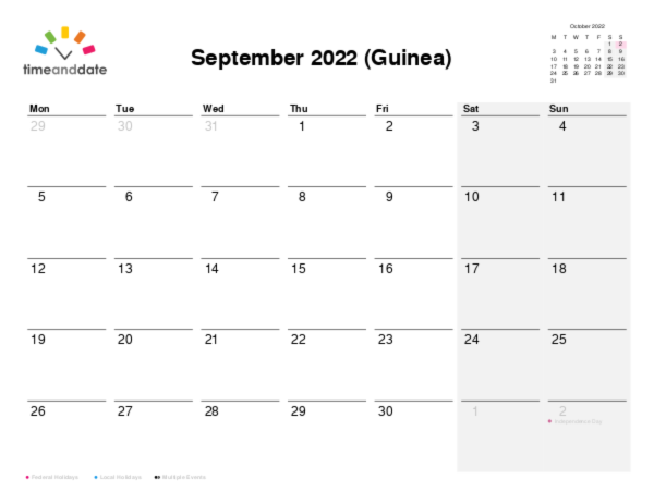 Calendar for 2022 in Guinea