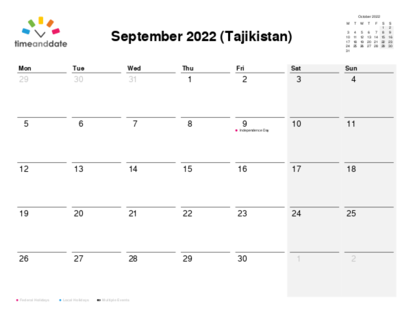 Calendar for 2022 in Tajikistan