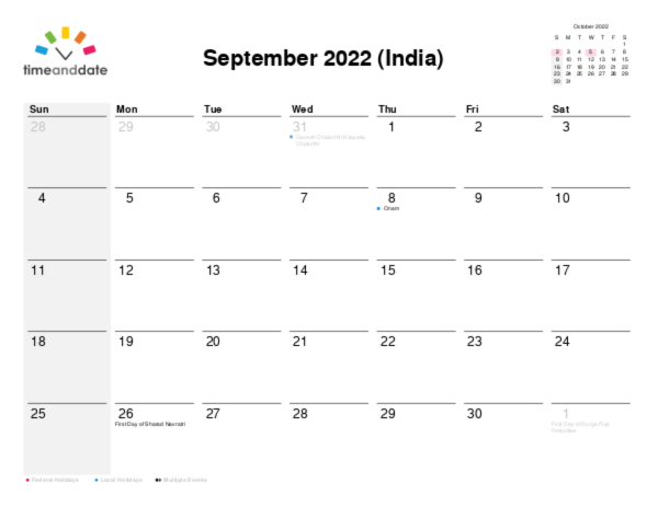Calendar for 2022 in India