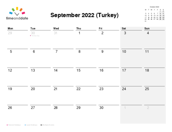 Calendar for 2022 in Turkey