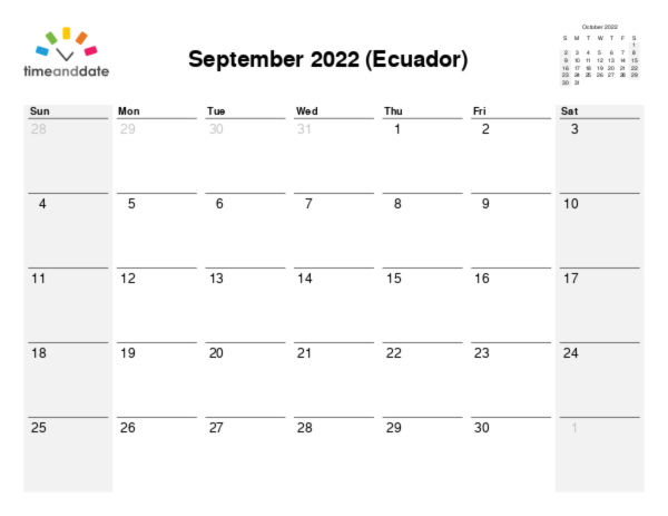 Calendar for 2022 in Ecuador