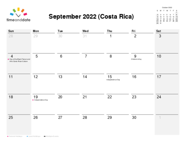 Calendar for 2022 in Costa Rica