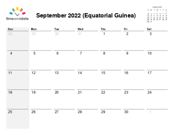Calendar for 2022 in Equatorial Guinea