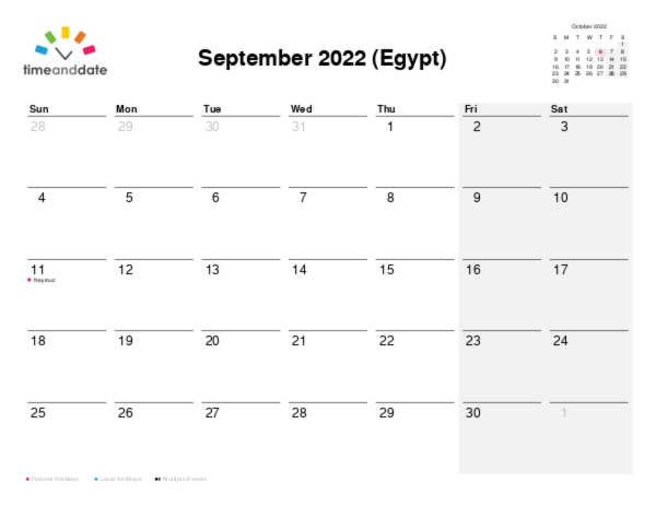 Calendar for 2022 in Egypt