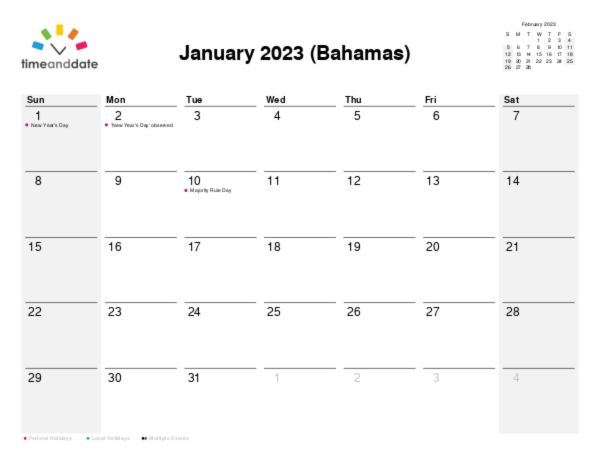 Calendar for 2023 in Bahamas