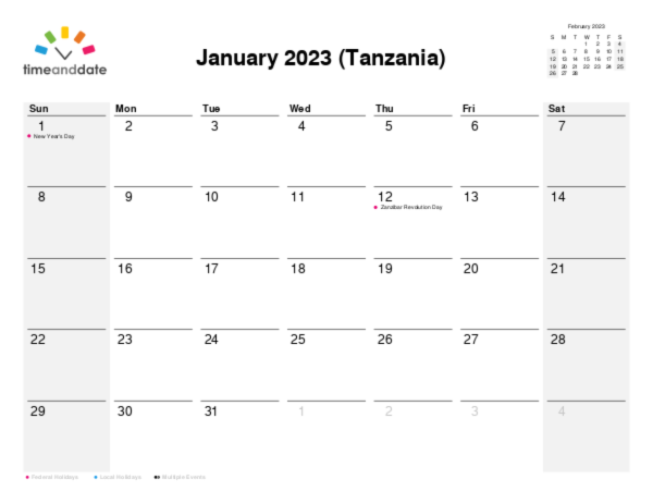 Calendar for 2023 in Tanzania
