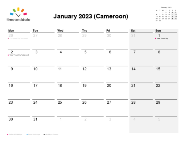 Calendar for 2023 in Cameroon