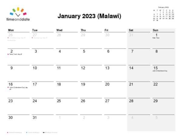 Calendar for 2023 in Malawi